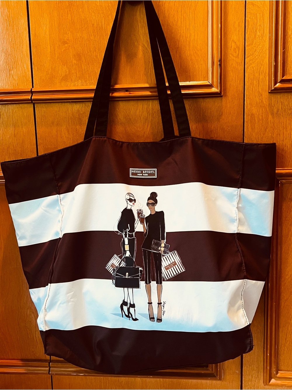 henri bendel Brown and White Striped Tote with Uptown Girls Fashion Illustration